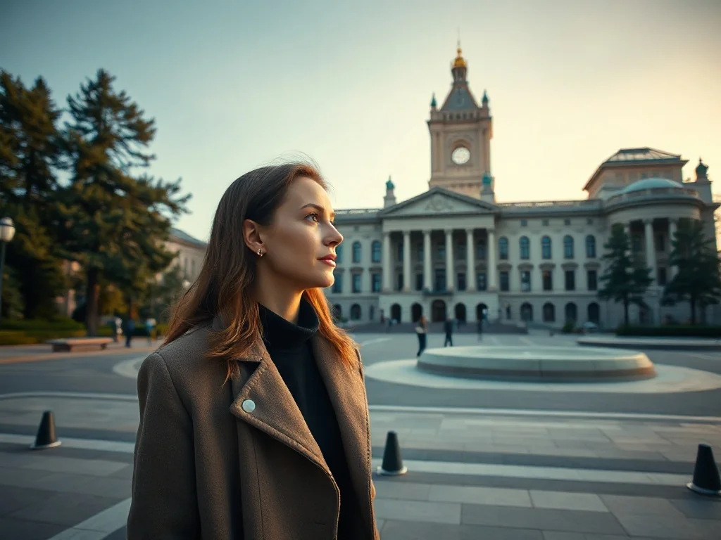 Kobieta patrząca na Pałac Kultury i Nauki w Warszawie w świetle zachodzącego słońca.