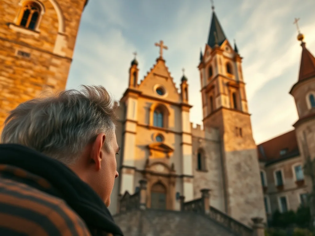 Turysta podziwiający monumentalną barokową fasadę klasztoru cystersów w Lubiążu w blasku zachodzącego słońca.