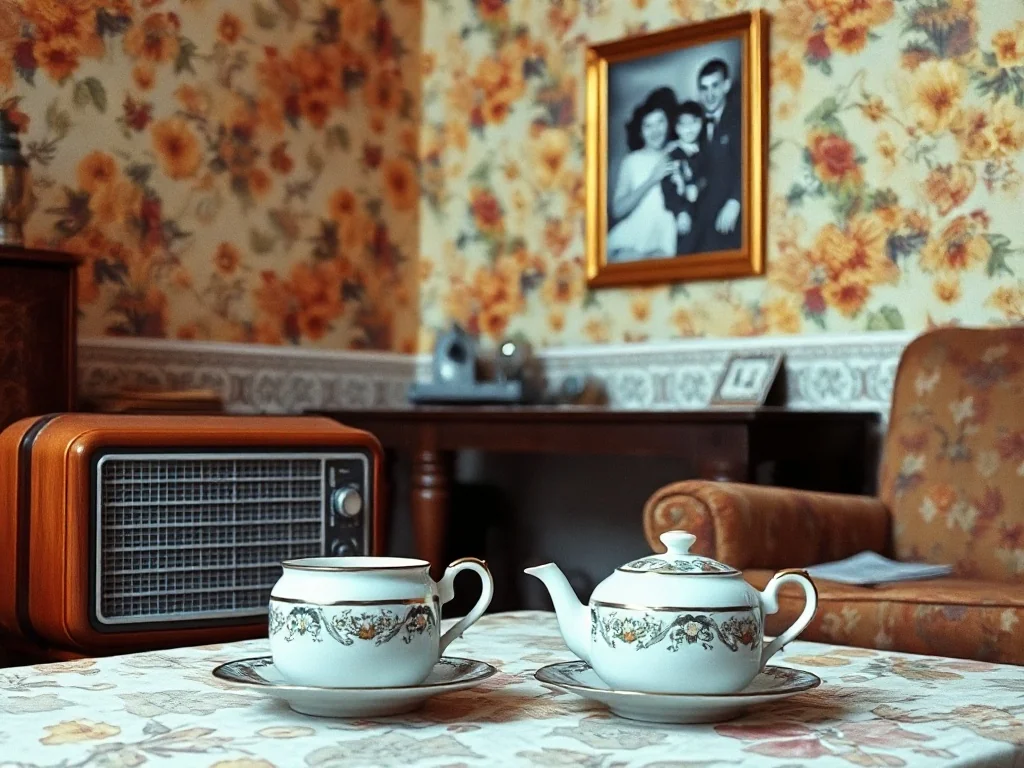 Wnętrze salonu z lat 70. z drewnianym radiem i porcelanowym serwisem, oddające klimat wystawy o życiu w czasach PRL.