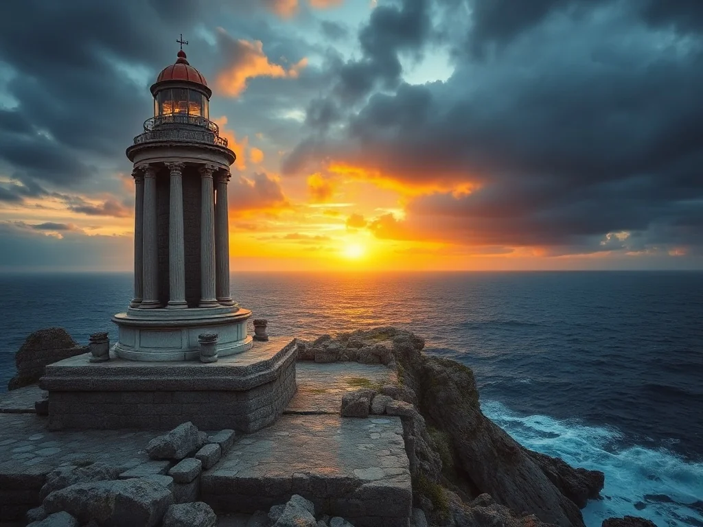 Majestatyczna latarnia morska na Faros wznosząca się nad skalistym wybrzeżem podczas burzowego zachodu słońca.