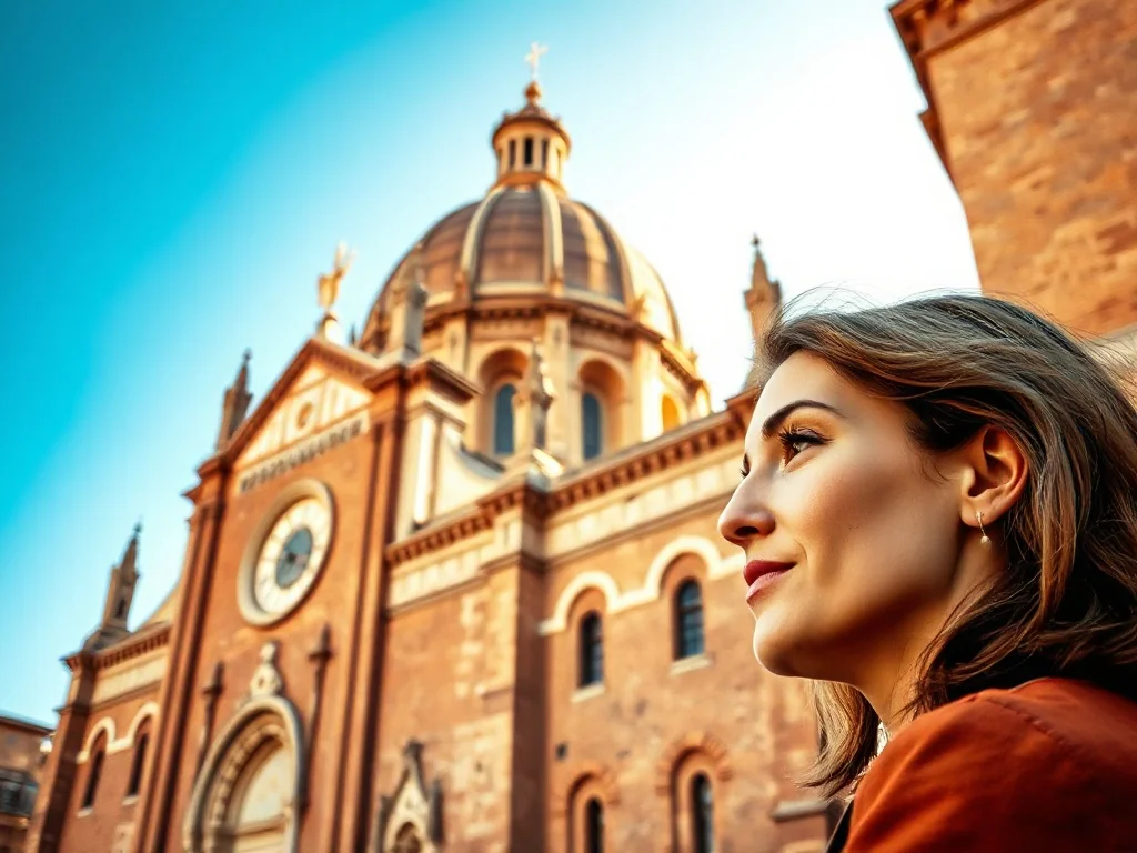 Turystka podziwiająca renesansową fasadę kościoła Santa Maria delle Grazie w Mediolanie w świetle zachodzącego słońca.