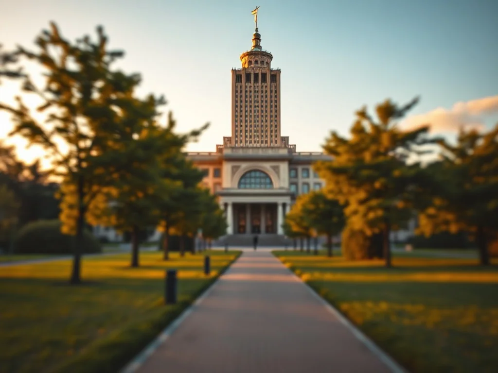 Pałac Kultury i Nauki w Warszawie o zachodzie słońca, widoczny ponad zielenią parku w ciepłych barwach światła.