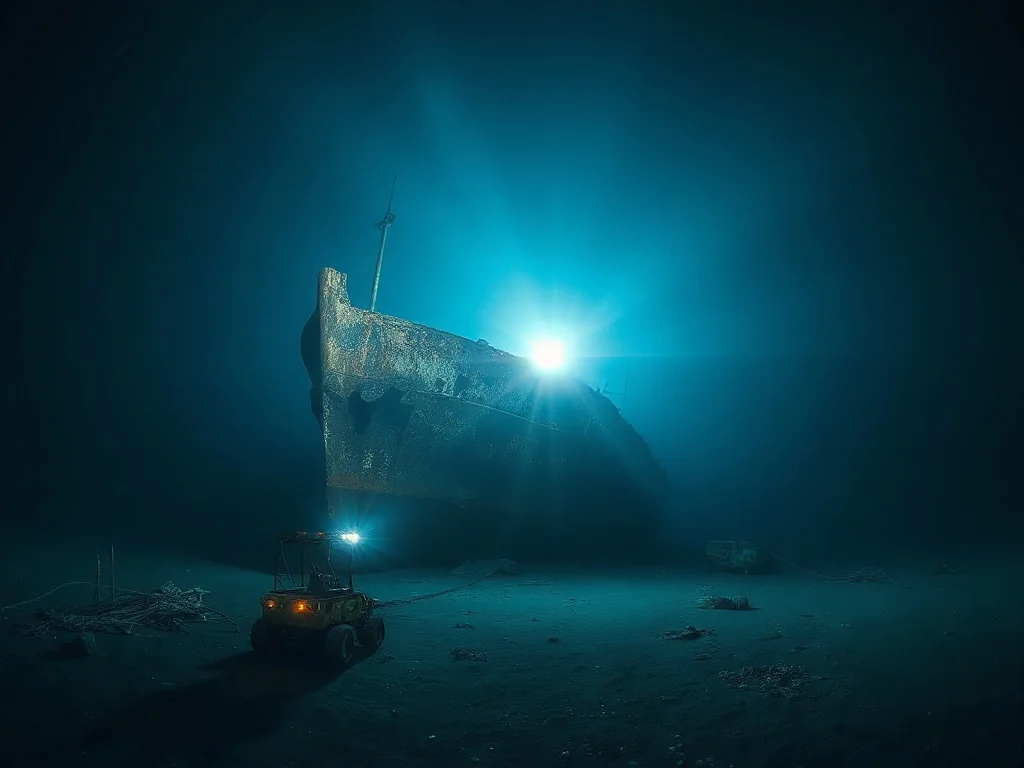 Zardzewiały dziób wraku Titanica spoczywający na dnie oceanu, oświetlony przez reflektory zdalnie sterowanego pojazdu.