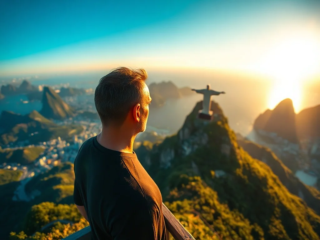 Turysta podziwiający panoramę Rio de Janeiro z punktu widokowego u stóp pomnika Chrystusa Odkupiciela o zachodzie słońca.