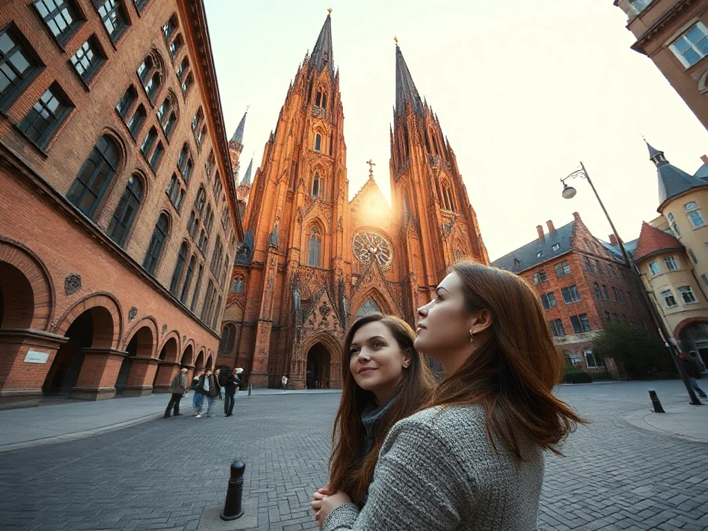 Turystka podziwiająca monumentalną, ceglaną fasadę Bazyliki Mariackiej w Gdańsku w świetle zachodzącego słońca.